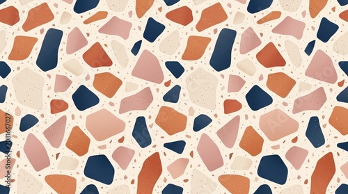 Modern Terrazzo Flooring Seamless Pattern with Terracotta and Navy Blue Stone Chips