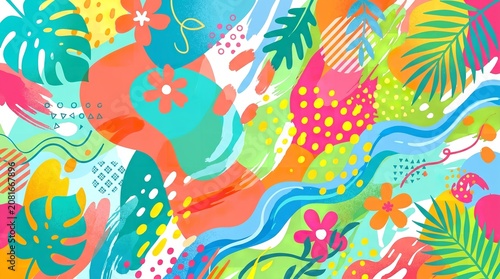 Vibrant Tropical Pattern with Floral and Foliage Elements
