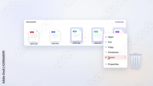 Computer user interface animation showing selecting and deleting digital files into trash bin