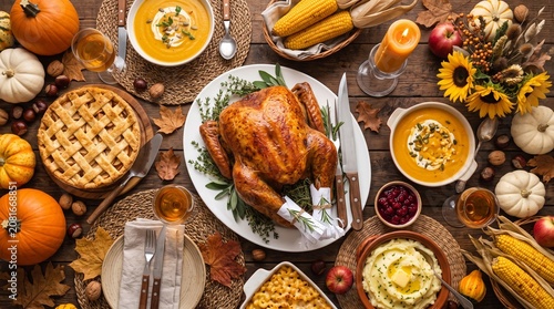 Delicious homemade holiday food layout with roasted turkey and pumpkin pie for seasonal greeting card. Beautifully arranged Thanksgiving Day feast table with autumn leaves and candles.