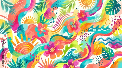 Vibrant Tropical Seamless Pattern with Exotic Leaves and Floral Motifs in Watercolor Style