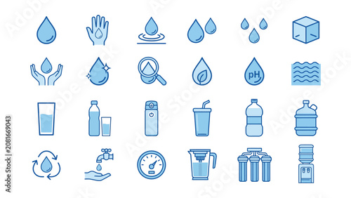 Fotografie Collection of various blue water icons and symbols on white background for desig