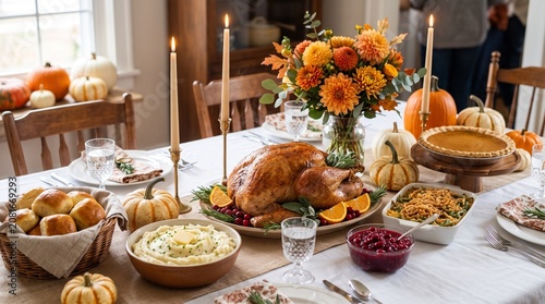 Cozy fall holiday dining table background with burning candles, autumn flowers and delicious comfort food. Festive dinner party concept with beautifully decorated table