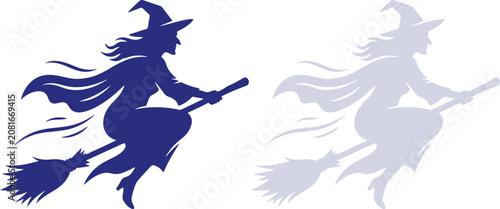 Cuadro en lienzo Flying witch magic broomstick halloween silhouette vector illustration element p