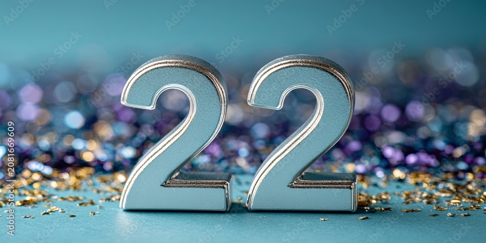 Fototapeta premium Shiny Metallic Silver Number 22 Standing Amidst Vibrant Purple and Blue Festive Confetti Sprinkles