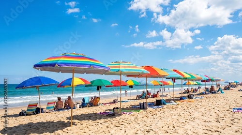 Colorful Beach Umbrellas and Chairs Lined on Sandy Shore Under Bright Sunny Sky