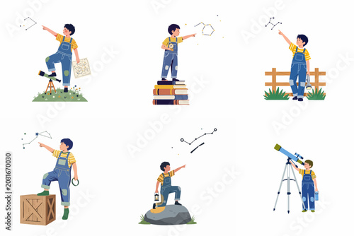 Bild auf Leinwand Vector illustration set of a young boy exploring the night sky, stargazing with a telescope, identifying constellations, and learning about astronomy in various settings