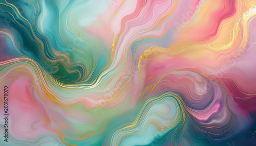 Smoky Dreamy Rainbow Pastel Colors With Gold Accents Swirls Marble Abstract Background