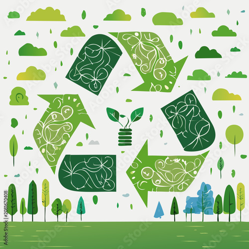 A recycling symbol with leaves and eco-friendly elements in a natural environment viewed from a side perspective.