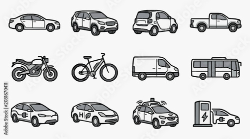 Professional of Various Vehicles and Transport Modes Including Cars Motorcycles Bicycles Vans and Electric Charging Stations