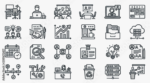 Creative Black and White Line Icons Set Featuring Business Workflow Teamwork and Office Concepts for Presentations