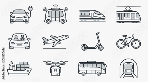 Elegant Minimalist Line Icons Set Featuring Various Modern Vehicles and Transport Modes in Monochrome