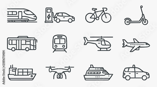 Modern Black and White Line Icons Set of Various Transportation Vehicles and Modes with high quality professional line art symbols for modern creative design and digital branding projects