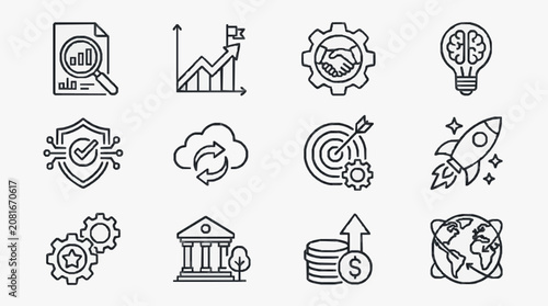 Industrial Minimalist Black and White Line Icons Set Featuring Business Technology Finance and Growth Concepts