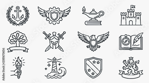 Modern Black and White Line Art Symbols and Emblems Collection Featuring 12 Unique Icons Including Anchor Wings Castle Eagle Flame Lighthouse Shield and More
