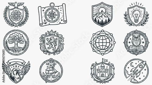 Modern Black and White Crest and Emblem Collection Featuring Symbols of Wisdom Adventure Power and Knowledge