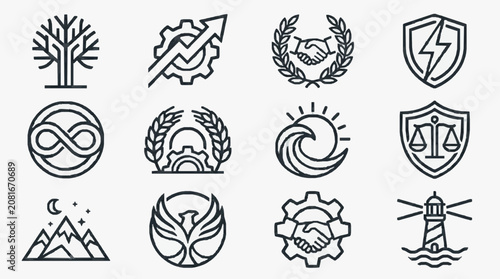 Dynamic Black and White Icons Set Featuring Symbols of Industry Nature Law Energy and Cooperation
