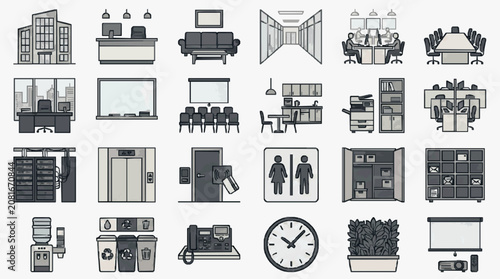 Modern Office Icons Collection Minimalist Black and White Illustrations of Workspace Elements Furniture and Equipment