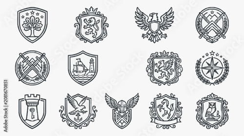 Creative Black and White Line Art Collection of 15 Unique Heraldic Shields Crests and Emblems with Symbols like Eagles Lions Trees and Crossed Swords