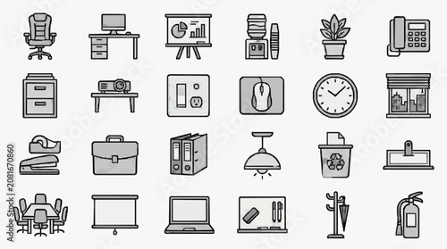 Creative Monochrome Line Drawing Icons Set of Office and Workplace Essentials for Digital Designers and SEO Experts