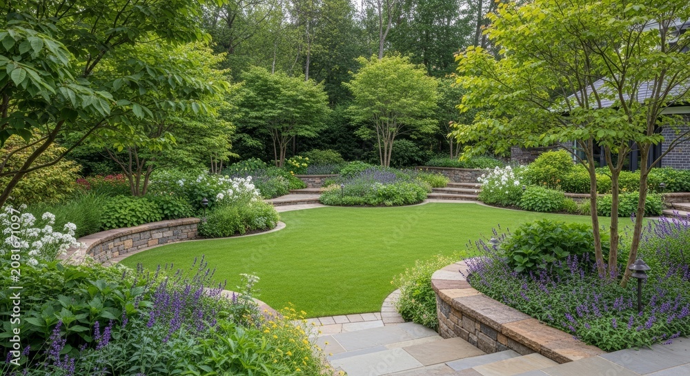 Fototapeta premium Lush landscaped garden with green lawn, stone walls, and colorful flowers.