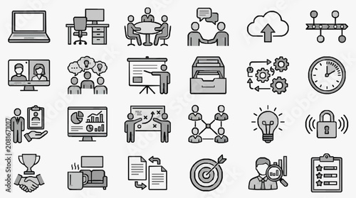Elegant Monochromatic Icons Set Featuring Business Communication Technology and Strategy Concepts in Minimalist Style