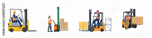 Flat vector illustration of professional warehouse workers operating forklifts, electric pallet jacks, and handling cargo crates for industrial logistics services.