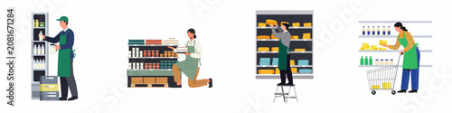 Foto Supermarket staff in green aprons stocking shelves with various dairy products including milk, yogurt, and cheese, flat vector illustration set