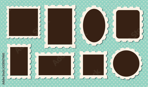 Set retro kid photo frame with postage borders. Rectangle, oval, square, round frames. Template design for text or illustrations. Insert your picture.