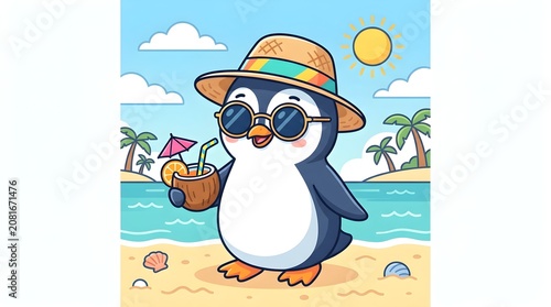 Cartoon penguin in sunglasses, summer hat, and beach background, tropical vacation vibe, fun animal illustration