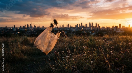 Plastic Bag Caught In Wildflower Sunset Environmental Pollution Photo