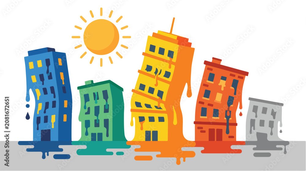 Obraz premium Melting city buildings vector illustration set. Extreme heatwave urban climate crisis concept. Colorful houses melting under hot sun isolated on white.