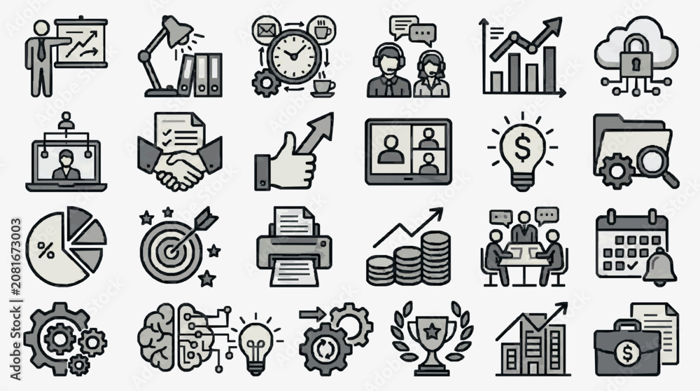 Fototapeta premium Industrial Style Black and White Line Icons Set Featuring Business Finance Technology and Productivity Concepts