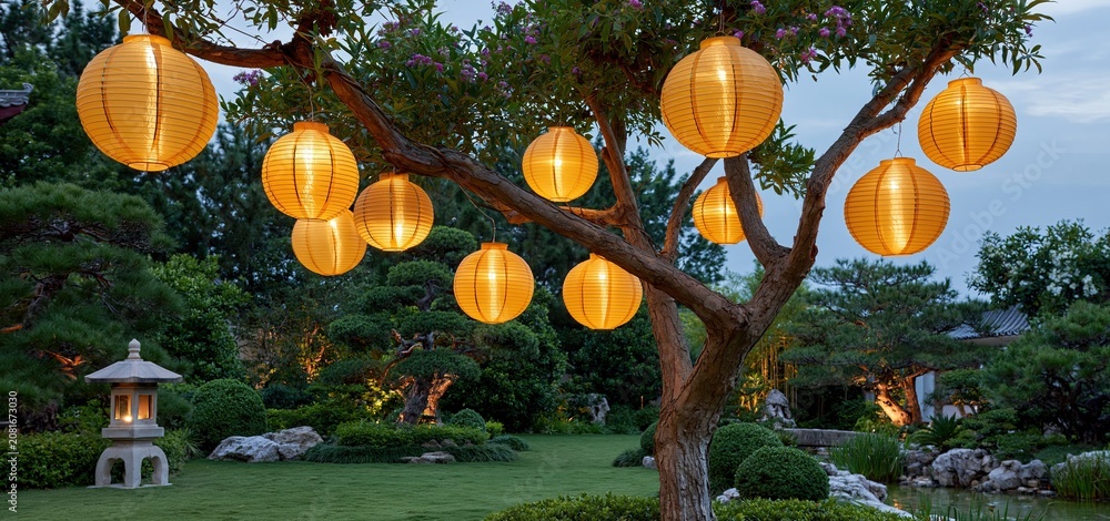 Fototapeta premium At dusk in a tranquil garden, golden lanterns glow warmly, enhancing Lunar New Year celebrations.