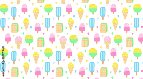 Cute ice cream seamless pattern with colorful cartoon popsicles and waffle cones on white background. Vector repeating background with hearts for kids summer textile print and cafe wallpaper.