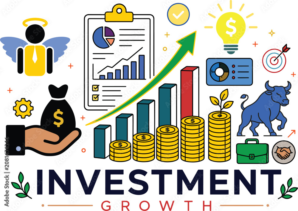 Obraz premium Professional investment growth vector illustration featuring rising bar charts, financial analytics, savings, stock market, wealth management, business success, ROI, banking, and economic growth typog
