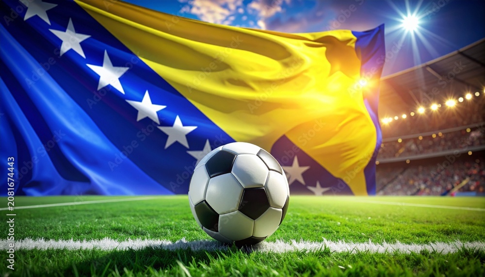 Fototapeta premium Bosnia and Herzegovina flag behind a soccer ball on bright stadium grass, national pride, energy, passion, competitive spirit, dramatic atmosphere.