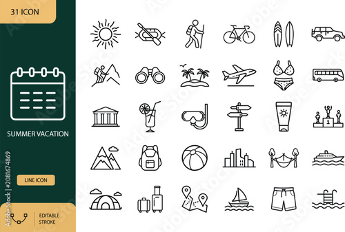 Summer Vacation and Beach Travel Line Icon Set with Editable Stroke. Vector Illustration