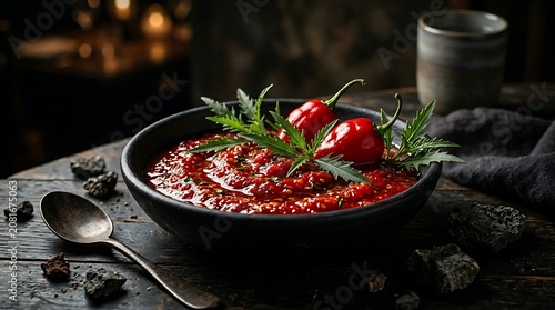 Traditional Bolivian llajua sauce in ceramic dish with chili peppers