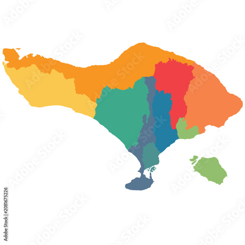 Detailed vector map of Bali island province with 9 administrative regencies.
