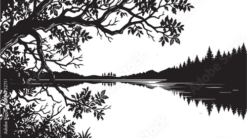 Tableau sur toile Vintage silhouette panoramic lake landscape with overhanging tree branches