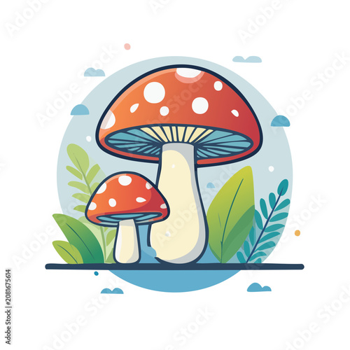 Cartoon Fly Agaric Mushrooms in Circular Frame