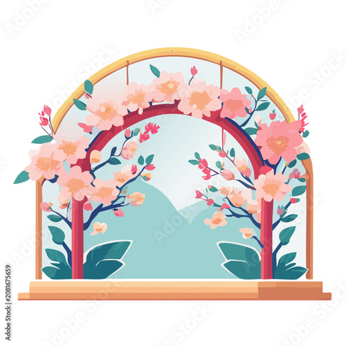 Cherry Blossom Arch with Mountain View Illustration