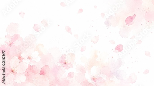 淡いピンク色の桜の花と舞い散る花びらを表現した水彩画風の春の背景素材