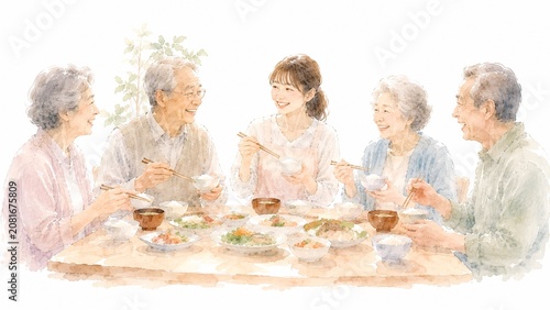 若い女性と高齢者が笑顔で食卓を囲み、温かい食事を楽しむ家族団欒の水彩画イラスト