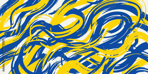 Vibrant swirling patterns of blue, yellow, and white dance across the abstract art piece.
