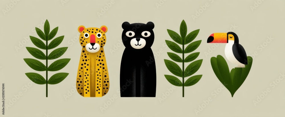 Fototapeta premium Vibrant hand-drawn doodle Amazon rainforest illustration featuring playful jungle animals for tropical designs.