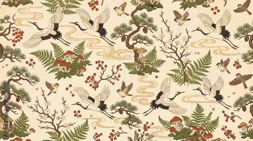 Bild auf Leinwand Japanese seamless pattern with flying red-crowned cranes, traditional pine trees