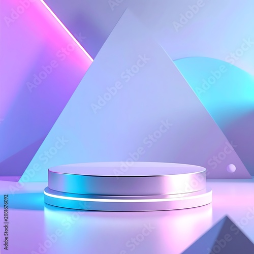 A futuristic podium with vibrant purple and blue geometric shapes