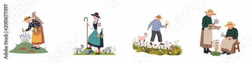 Bild auf Leinwand Set of illustrations depicting senior women engaged in rural activities, harvesting lavender, herding goats, and enjoying nature in a traditional country setting